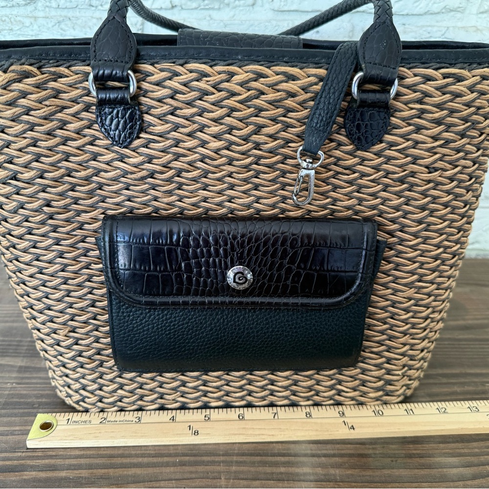 Vintage Brighton Straw & Leather Purse Tote Bag Woven Braided Straps-Tan Black - Picture 10 of 16